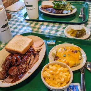 Jalapeño sausage, brisket and pork loin, mac &amp; cheese and potato casserole - and the Gonzales flag! Great pickles, etc.