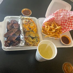 Ribs, chopped brisket &amp; sausage. Zucchini casserole, potato casserole &amp; fries. Margarita