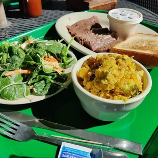 Spinach salad, zucchini casserole and brisket plate