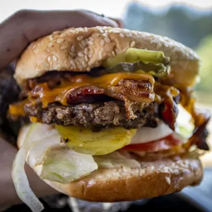 a hand holding a cheeseburger
