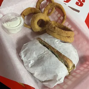 Hatch Burger and Onion Rings