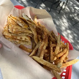 Chicken quesadilla and fries