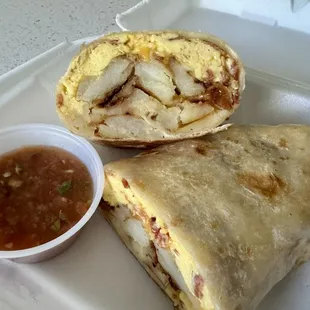 Egg, cheese, bacon and potato burrito