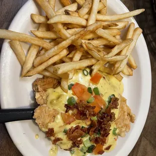 Spicy chicken dish with fries