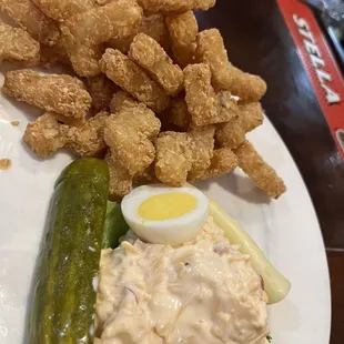 Cold plate with pimento cheese. Most unique tots ever - Tetris shaped!
