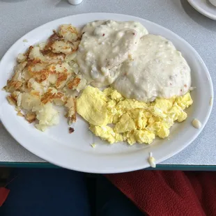 Biscuits and gravy. The plates could have been wiped off before coming to the table