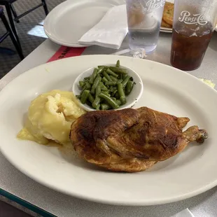 Roasted Chicken Dinner with. Mashed potatoes and green beans. Salad, soup and dessert included.