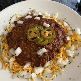 Cinci Chili. There is spaghetti under there!