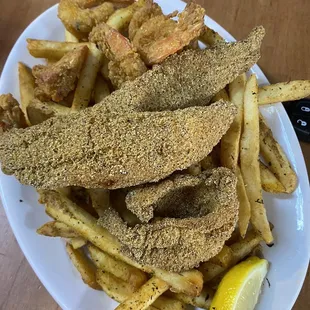 Two step plate. Catfish and shrimp with fries.
