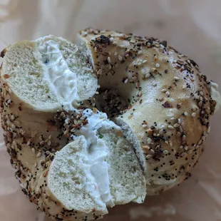 Sammy's everything bagel (ever so slightly toasted) with veggie schmear.