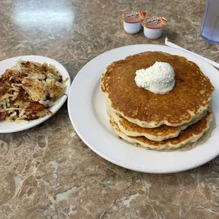 Nice fluffy pancakes and hash browns were very good.