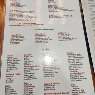 Drinks menu