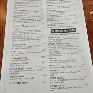 Appetizers, soups and salads, burgers and dogs menu