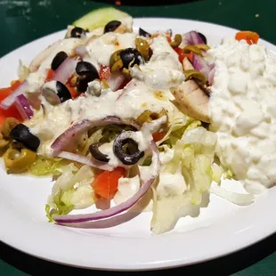 From the buffet: salad bar with homemade blue cheese dressing, and cottage cheese