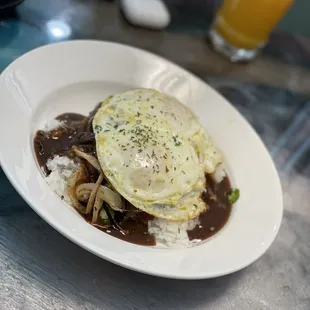 Loco Moco with added grilled onions &amp; serrano peppers