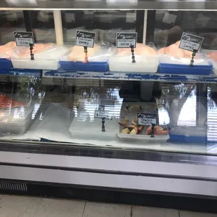 a display case of fish