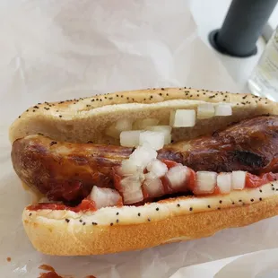 Brat with onion and ketchup