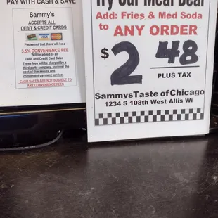 Meal deal pricing and credit card surcharge as of November 2022.