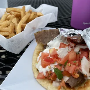 Sliced Gyro Wrap and French Fries