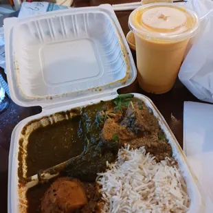 Three-item combo: saag, jackfruit, and aloo curry with mango lassi