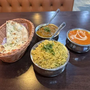 Chilly Naan, Mushroom rice, Channa Masala and Butter Chicken