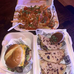 Lamb Burger, vibdaloo tacos, Bombay fries