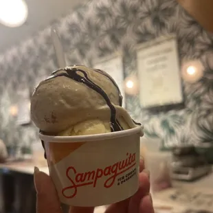 Banoffee &amp; jackfruit chili nut on the bottom with ube drizzle