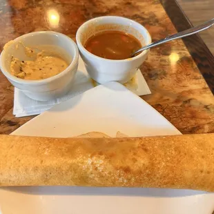 Masala Dosa with sambar and coconut chutney on the side from buffet