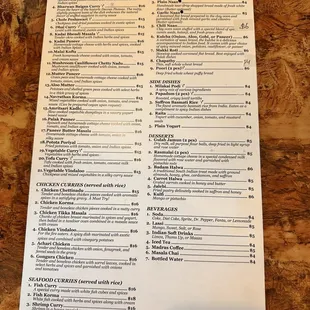 Back of menu with pricing 1/2025