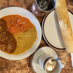 Chicken curry, chicken korma, tofu curry, dosa without potato.