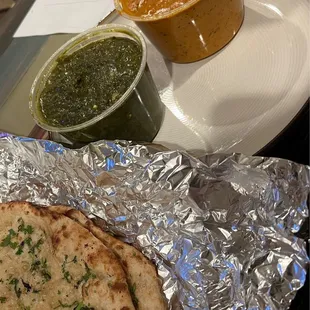 Palak Paneer, Butter Chicken, and Garlic Naan