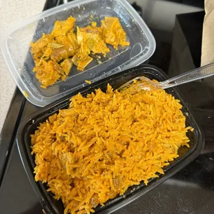 Lamb Biryani had no meat in it at all, but the lid has the pile of bones I picked out of it.