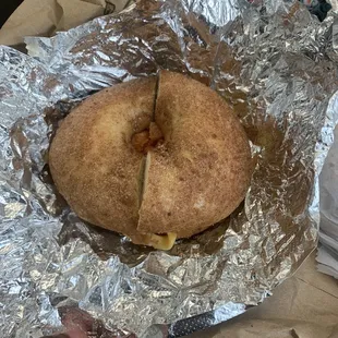 Cinnamon sugar Bagel with Egg &amp; Cheese &amp; bacon