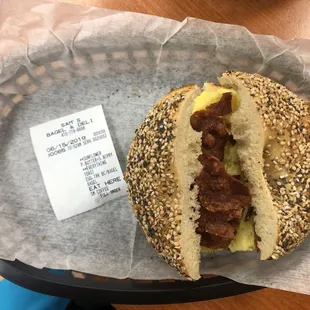 Bacon and egg on an everything bagel