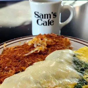 an omelet and a cup of coffee