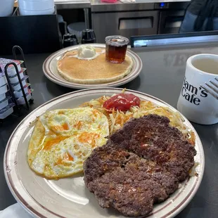 Hamburger Steak Breakfast with a nice flapjack.