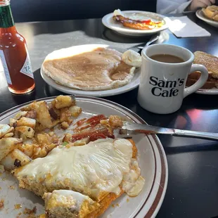 Chorizo Scramble with country potatoes &amp; a pancake.