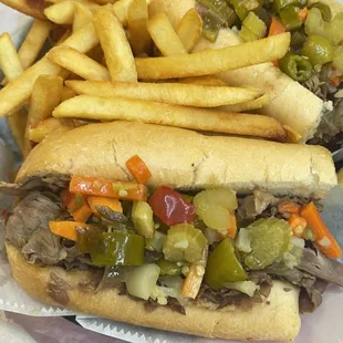 a sub sandwich and fries