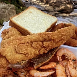shrimp platter hush puppies &amp; 2 piece of Lake Trout