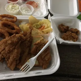 Fried trout and fried oysters add on with orings and cabbage