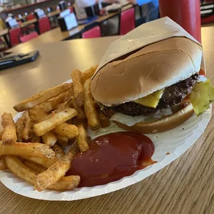 a hamburger and fries