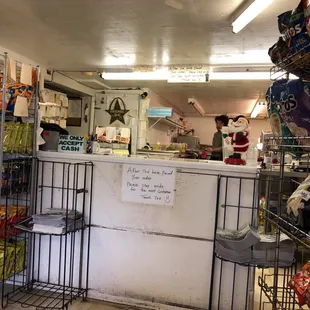 a store counter and shelves