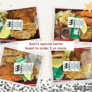 Sam&apos;s special bento. Chicken katsu, meat Jun, bbq chicken, mandoo over noodles.