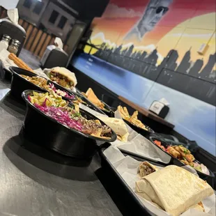 a variety of food items on a counter