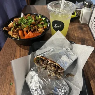 Fattoush salad with chicken and ribeye shawarma