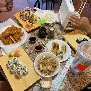 tableful of food. the fried rice is VERY good here!