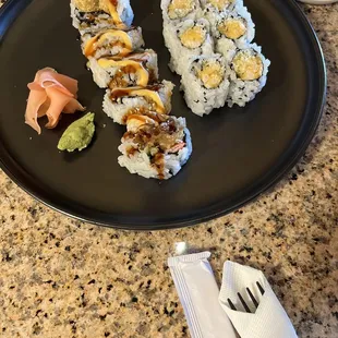 Spice scallop roll, shrimp tempura roll