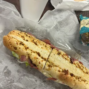 pepperoni salami and pastrami club sub on jalepeno bread