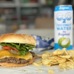 a hamburger and chips