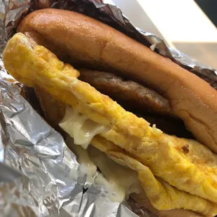 Sausage, egg and cheese on long roll